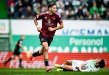FUERTH, GERMANY - OCTOBER 20: (EDITORS NOTE: Image has been digitally enhanced.) Stefanos Tzimas of 1. FC Nürnberg celebrates after scoring his team’s third goal during the Second Bundesliga match between SpVgg Greuther Fürth 1903 and 1. FC Nürnberg at Sportpark Ronhof Thomas Sommer on October 20, 2024 in Fuerth, Germany. (Photo by Sebastian Widmann/Bundesliga/Bundesliga Collection via Getty Images)