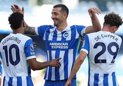 BRIGHTON, ENGLAND - AUGUST 09: Georginio Rutter of Brighton & Hove Albion celebrates scoring the first goal with Lewis Dunk and Maxim De Cuyper during the pre-season friendly match between Brighton & Hove Albion and VfL Wolfsburg at Amex Stadium on August 09, 2025 in Brighton, England. (Photo by Steve Bardens/Getty Images)