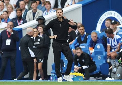 BRIGHTON, ENGLAND - AUGUST 16: Fabian Hurzeler Manager of Brighton & Hove Albion points out instructions to his players during the Premier League match between Brighton & Hove Albion and Fulham at Amex Stadium on August 16, 2025 in Brighton, England. (Photo by Crystal Pix/MB Media/Getty Images)