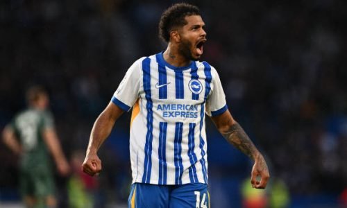 BRIGHTON, ENGLAND - OCTOBER 6: Georginio Rutter of Brighton & Hove Albion F.C. celebrates after scoring the second goal during the Premier League match between Brighton & Hove Albion FC and Tottenham Hotspur FC at Amex Stadium on October 6, 2024 in Brighton, England. (Photo by Sebastian Frej/MB Media/Getty Images)