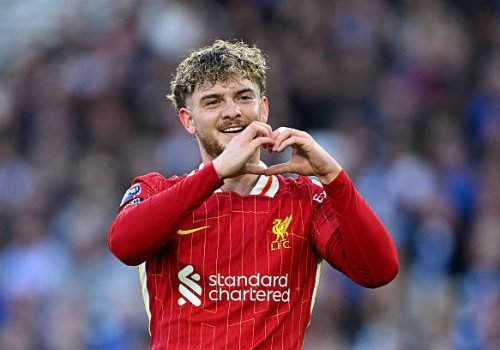 BRIGHTON, ENGLAND - MAY 19: Harvey Elliott of Liverpool celebrates scoring his team's first goal during the Premier League match between Brighton & Hove Albion FC and Liverpool FC at Amex Stadium on May 19, 2025 in Brighton, England. (Photo by Mike Hewitt/Getty Images)