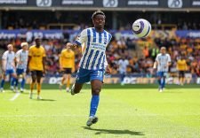 WOLVERHAMPTON, ENGLAND - MAY 10: 
#11, Simon Adingra of Brighton races after the ball during the Premier League match between Wolverhampton Wanderers FC and Brighton & Hove Albion FC at Molineux on May 10, 2025 in Wolverhampton, England. (Photo by MB Media/Getty Images)