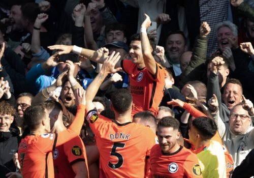 LONDON, ENGLAND - APRIL 15:  Julio Enciso of Brighton & Hove Albion celebrates scoring the winning goal during the Premier League match between Chelsea FC and Brighton & Hove Albion at Stamford Bridge on April 15, 2023 in London, England. (Photo by Visionhaus/Getty Images)