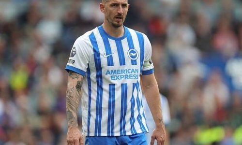 BRIGHTON, ENGLAND - APRIL 12: Lewis Dunk of Brighton & Hove Albion during the Premier League match between Brighton & Hove Albion FC and Leicester City FC at Amex Stadium on April 12, 2025 in Brighton, England. (Photo by Crystal Pix/MB Media/Getty Images)