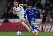 LEICESTER, ENGLAND - APRIL 07: Facundo Buonanotte of Leicester City and Dan Burn of Newcastle United in action during the Premier League match between Leicester City FC and Newcastle United FC at The King Power Stadium on April 07, 2025 in Leicester, England. (Photo by Visionhaus/Getty Images)