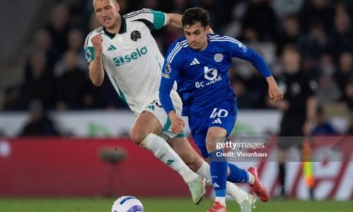 LEICESTER, ENGLAND - APRIL 07: Facundo Buonanotte of Leicester City and Dan Burn of Newcastle United in action during the Premier League match between Leicester City FC and Newcastle United FC at The King Power Stadium on April 07, 2025 in Leicester, England. (Photo by Visionhaus/Getty Images)