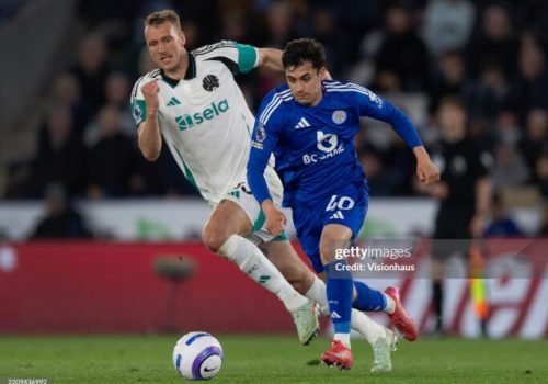 LEICESTER, ENGLAND - APRIL 07: Facundo Buonanotte of Leicester City and Dan Burn of Newcastle United in action during the Premier League match between Leicester City FC and Newcastle United FC at The King Power Stadium on April 07, 2025 in Leicester, England. (Photo by Visionhaus/Getty Images)