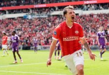 EINDHOVEN, NETHERLANDS - MAY 5: Olivier Boscagli of PSV celebrates 3-2 during the Dutch Eredivisie  match between PSV v Sparta at the Philips Stadium on May 5, 2024 in Eindhoven Netherlands (Photo by Photo Prestige/Soccrates/Getty Images)