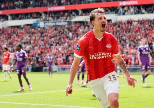 EINDHOVEN, NETHERLANDS - MAY 5: Olivier Boscagli of PSV celebrates 3-2 during the Dutch Eredivisie  match between PSV v Sparta at the Philips Stadium on May 5, 2024 in Eindhoven Netherlands (Photo by Photo Prestige/Soccrates/Getty Images)