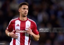 Charalampos Kostoulas of Olympiacos El Pireo reacts during the UEFA Europa League match between FC Porto and Olympiacos El Pireo at Estadio Do Dragao in Porto, Portugal, on January 23, 2025. (Photo by Jose Manuel Alvarez Rey/JAR Sport Images/NurPhoto via Getty Images)