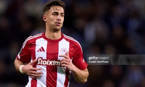 Charalampos Kostoulas of Olympiacos El Pireo reacts during the UEFA Europa League match between FC Porto and Olympiacos El Pireo at Estadio Do Dragao in Porto, Portugal, on January 23, 2025. (Photo by Jose Manuel Alvarez Rey/JAR Sport Images/NurPhoto via Getty Images)