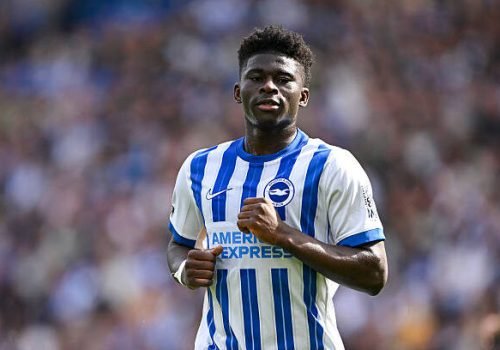 BRIGHTON, ENGLAND - APRIL 12: Carlos Baleba of Brighton & Hove Albion looks on during the Premier League match between Brighton & Hove Albion FC and Leicester City FC at Amex Stadium on April 12, 2025 in Brighton, England. (Photo by Mike Hewitt/Getty Images)