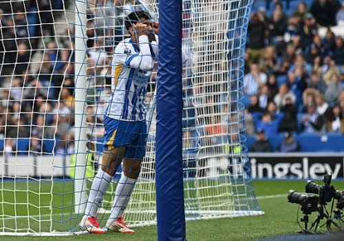Brighton's Paraguayan midfielder #25 Diego Gomez reacts after failing to score during the English Premier League football match between Brighton and Hove Albion and Newcastle United at the American Express Community Stadium in Brighton, southern England on May 4, 2025. (Photo by Glyn KIRK / AFP) / RESTRICTED TO EDITORIAL USE. No use with unauthorized audio, video, data, fixture lists, club/league logos or 'live' services. Online in-match use limited to 120 images. An additional 40 images may be used in extra time. No video emulation. Social media in-match use limited to 120 images. An additional 40 images may be used in extra time. No use in betting publications, games or single club/league/player publications. /  (Photo by GLYN KIRK/AFP via Getty Images)