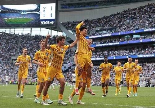 LONDON, ENGLAND - MAY 25: Diego Gomez of Brighton & Hove Albion goal celebration after scoring to put Brighton & Hove Albion 4-1 ahead during the Premier League match between Tottenham Hotspur FC and Brighton & Hove Albion FC at Tottenham Hotspur Stadium on May 25, 2025 in London, England. (Photo by Crystal Pix/MB Media/Getty Images)