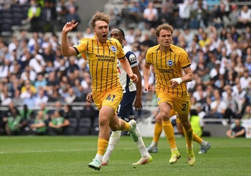 LONDON, ENGLAND - MAY 25: Jack Hinshelwood of Brighton & Hove Albion celebrates scoring his team's first goal during the Premier League match between Tottenham Hotspur FC and Brighton & Hove Albion FC at Tottenham Hotspur Stadium on May 25, 2025 in London, England. (Photo by Mike Hewitt/Getty Images)