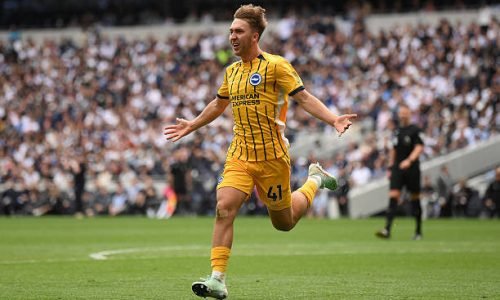 LONDON, ENGLAND - MAY 25: Jack Hinshelwood of Brighton & Hove Albion celebrates after scoring during the Premier League match between Tottenham Hotspur FC and Brighton & Hove Albion FC at Tottenham Hotspur Stadium on May 25, 2025 in London, England. (Photo by Mike Hewitt/Getty Images)