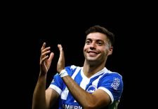 OXFORD, ENGLAND - AUGUST 27: Stefanos Tzimas of Brighton & Hove Albion celebrates victory following the Carabao Cup Second Round match between Oxford United and Brighton & Hove Albion at Kassam Stadium on August 27, 2025 in Oxford, England. (Photo by Dan Istitene/Getty Images)