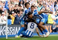 BRIGHTON, ENGLAND - AUGUST 31: Brajan Gruda of Brighton & Hove Albion (obscured) celebrates scoring his team's second goal with teammates during the Premier League match between Brighton & Hove Albion and Manchester City at Amex Stadium on August 31, 2025 in Brighton, England. (Photo by Mike Hewitt/Getty Images)