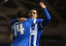 BRIGHTON, ENGLAND - FEBRUARY 24:  Inigo Calderon of Brighton & Hove celebrates with Beram Kayal after scoring a goal during the Sky Bet Championship match between Brighton & Hove Albion and Leeds United at Amex Stadium on February 24, 2015 in Brighton, England.  (Photo by Ian Walton/Getty Images)