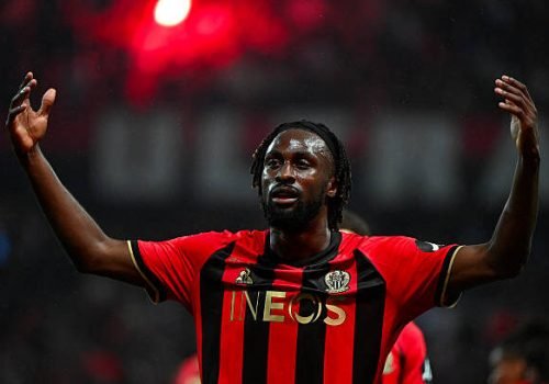 Nice's Ivorian forward #29 Evann Guessand celebrates after scoring a goal during the French L1 football match between OGC Nice and Stade Brestois 29 (Brest) at the Riviera Stadium in Nice, south-eastern France, on May 17, 2025.  (Photo by Sylvain THOMAS / AFP) (Photo by SYLVAIN THOMAS/AFP via Getty Images)